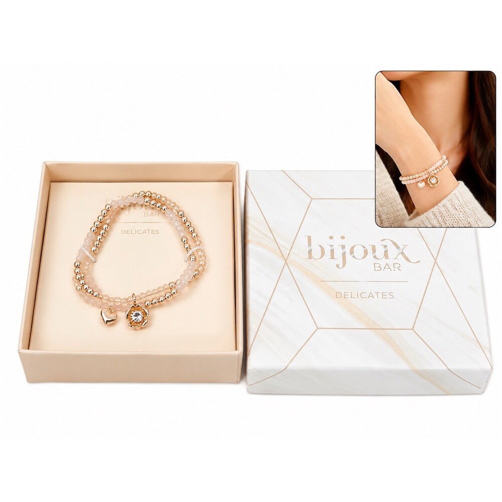 Bijoux Bracelet Set 2pc Blush Pink Stretch Beaded Heart Charm flower gift box